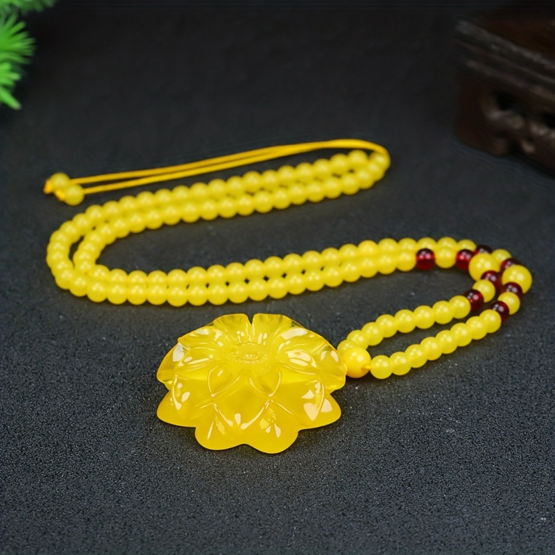 Exquisitely Carved Yellow Flower Pendant Necklace